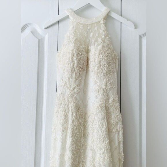 Tania Olsen Couture Wedding Dress Size 4 Ivory High Neck Beaded Halter Neck Gown - Picture 3 of 16